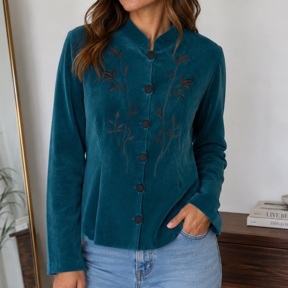 Studio C Embroidered Jacket Womens 16 Teal Velvet Look Blazer Boho Artsy Vintage